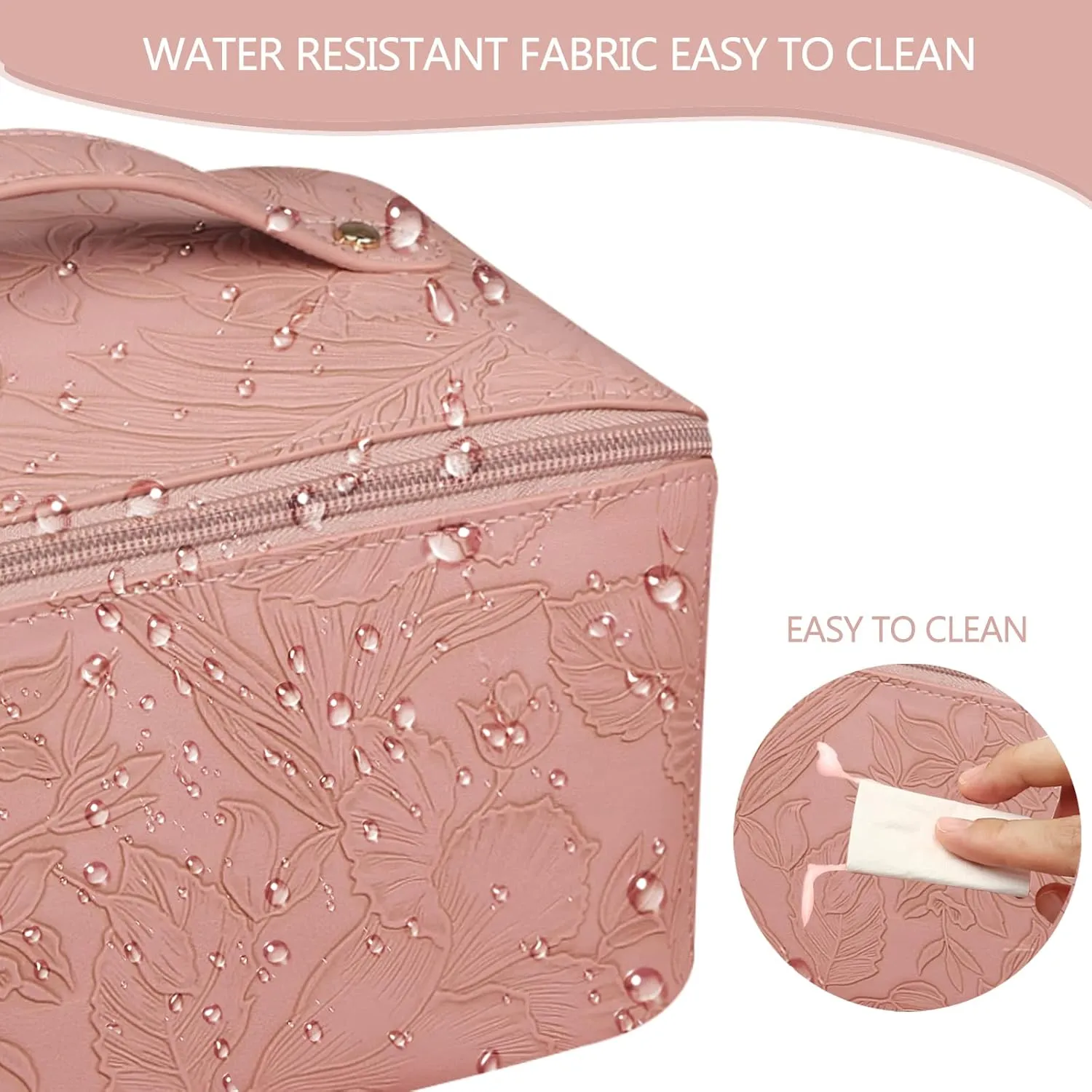 Makeup Bag Travel Cosmetic Bag with Compartment Large Capacity Water resistant PU Leather Portable Floral Makeup Bag Suit for Women Girl Valentines Day Gifts Pink Makeup Bag