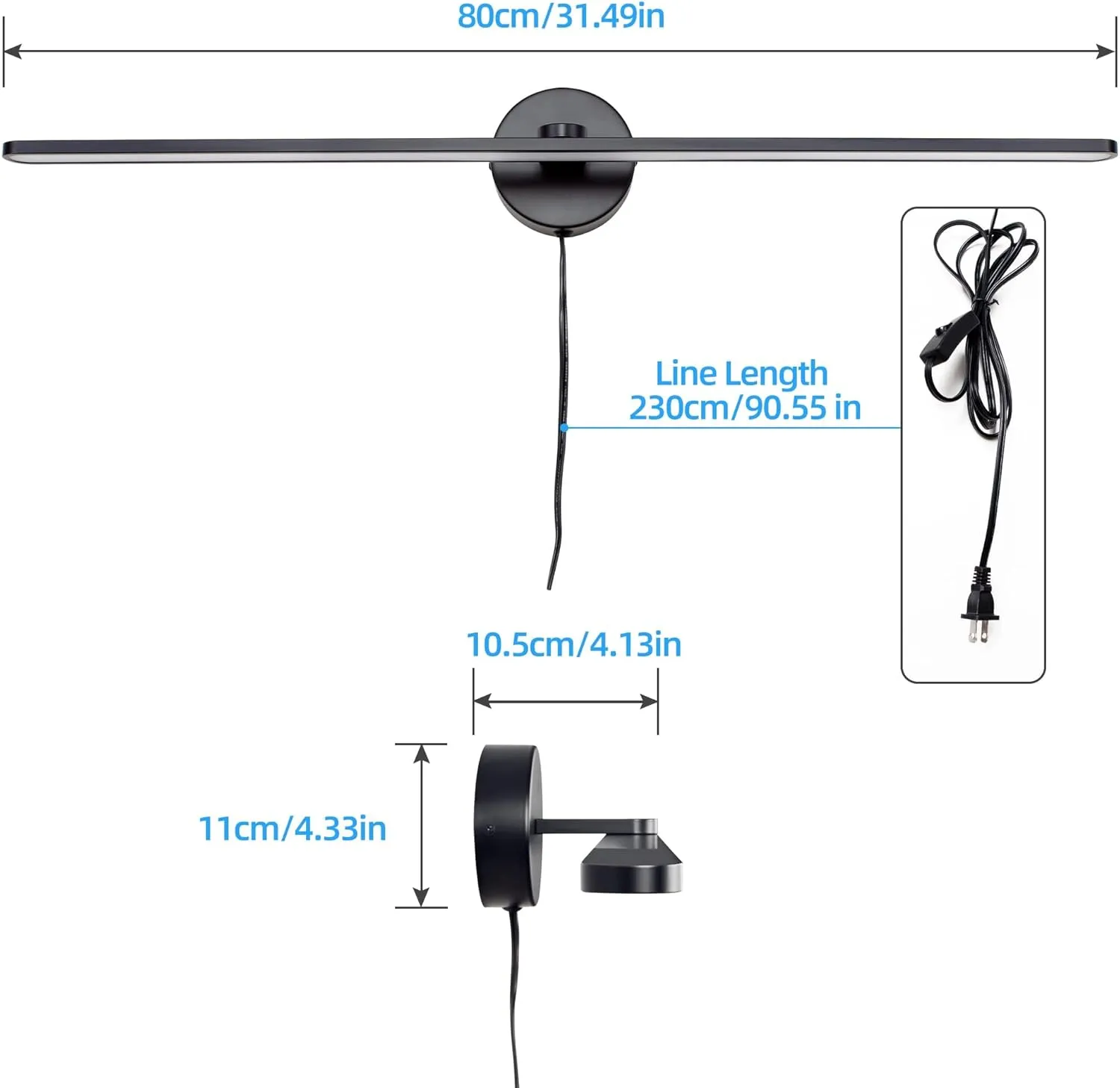 MantoLite 32'' Picture Lights for Wall，Vanity Lights for Bathroom,Plug-in or Hardwired，18W 3000K LED Non-Dimmable Modern Bathroom Lighting Fixtures Over Mirror and Wall Lights for Bedroom（Black）