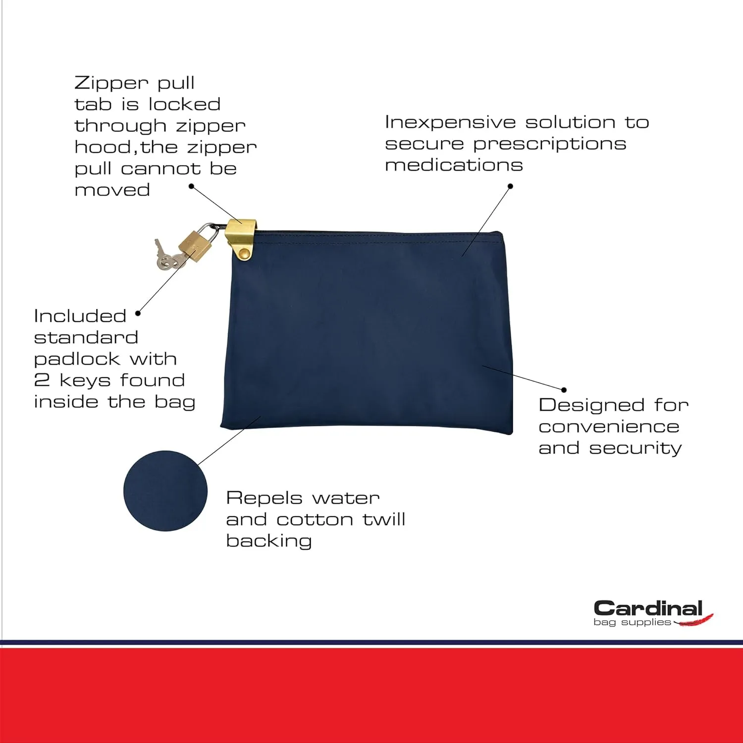 Medication Zipper Hood Security Bag with Included Padlock and Keys (Navy Blue)