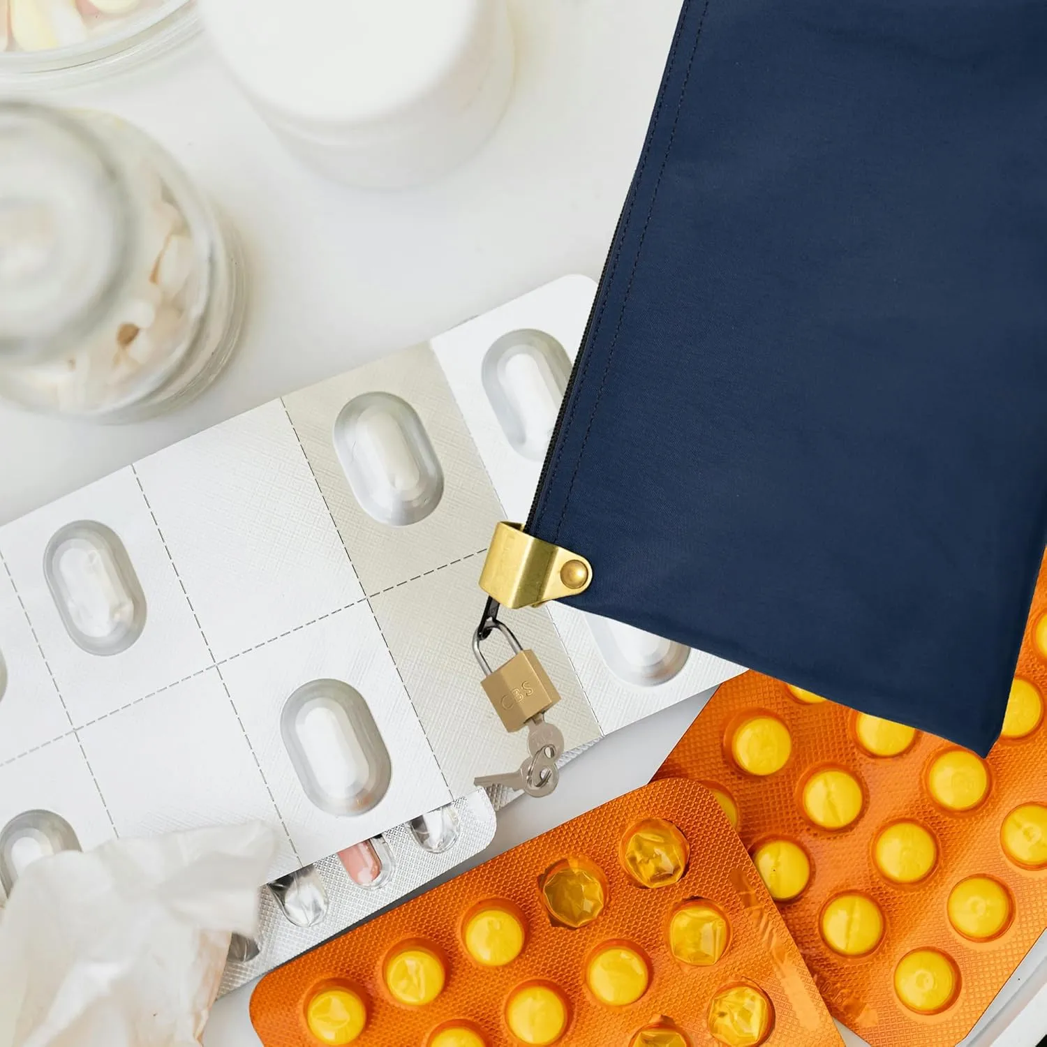 Medication Zipper Hood Security Bag with Included Padlock and Keys (Navy Blue)
