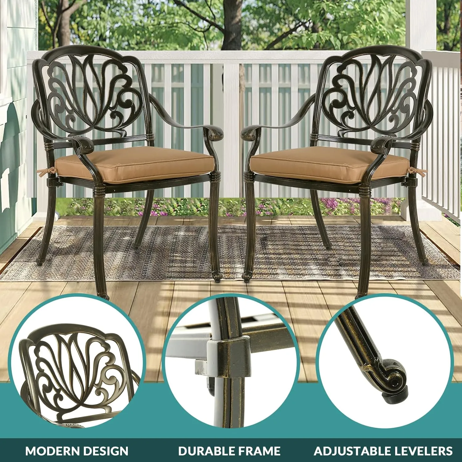 MEETWARM 9-Piece Outdoor Furniture Dining Set for 8, All Weather Cast Aluminum Patio Dining Set- Large 64" Square Table with Umbrella Hole and 8 Cushioned Chairs, Patio Table and Chairs Set, Khaki