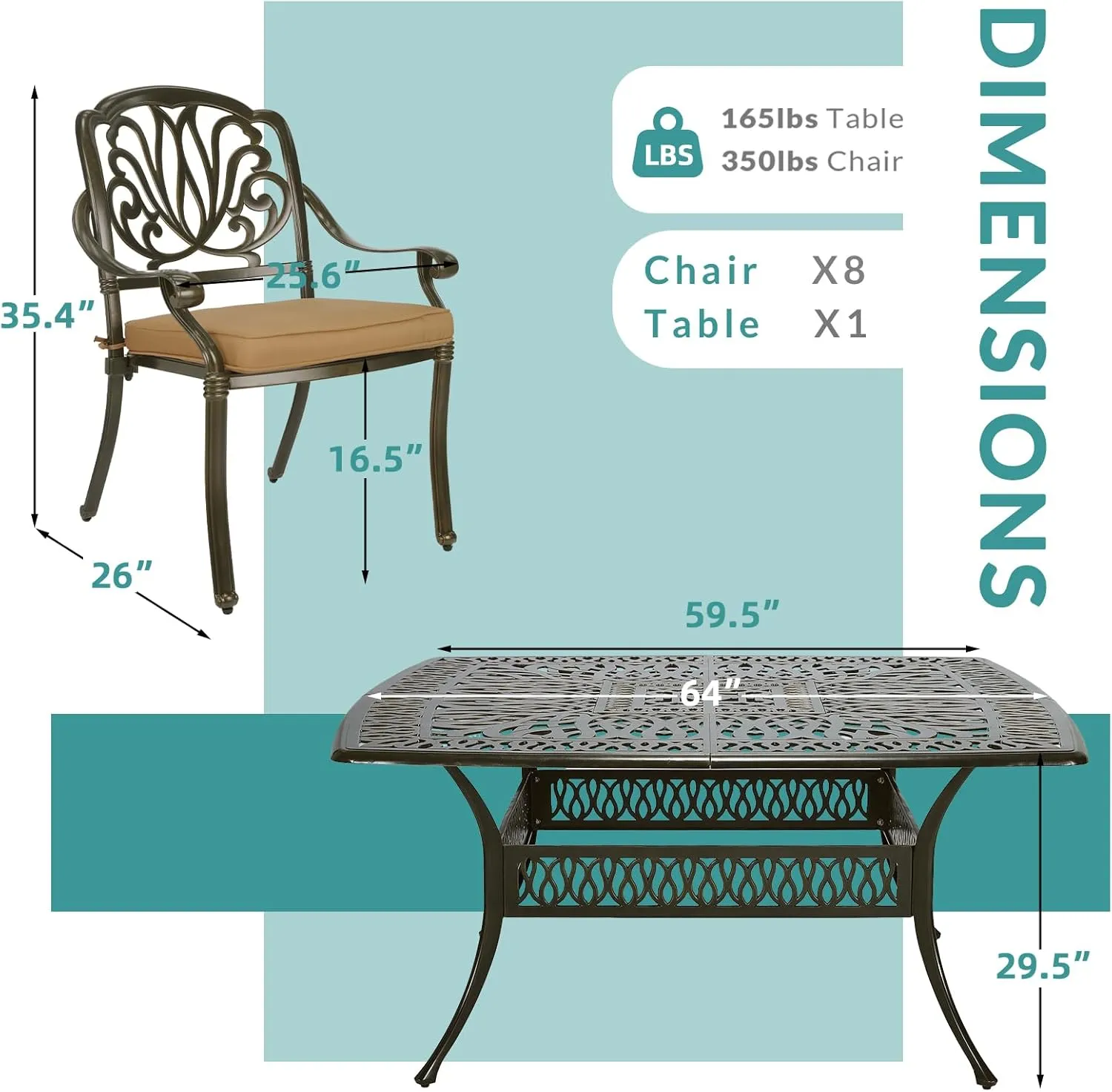 MEETWARM 9-Piece Outdoor Furniture Dining Set for 8, All Weather Cast Aluminum Patio Dining Set- Large 64" Square Table with Umbrella Hole and 8 Cushioned Chairs, Patio Table and Chairs Set, Khaki