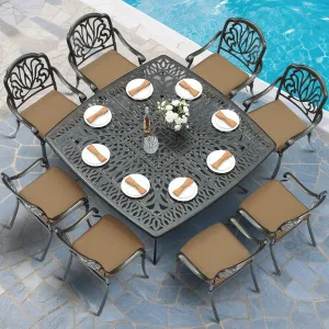 MEETWARM 9-Piece Outdoor Furniture Dining Set for 8, All Weather Cast Aluminum Patio Dining Set- Large 64" Square Table with Umbrella Hole and 8 Cushioned Chairs, Patio Table and Chairs Set, Khaki
