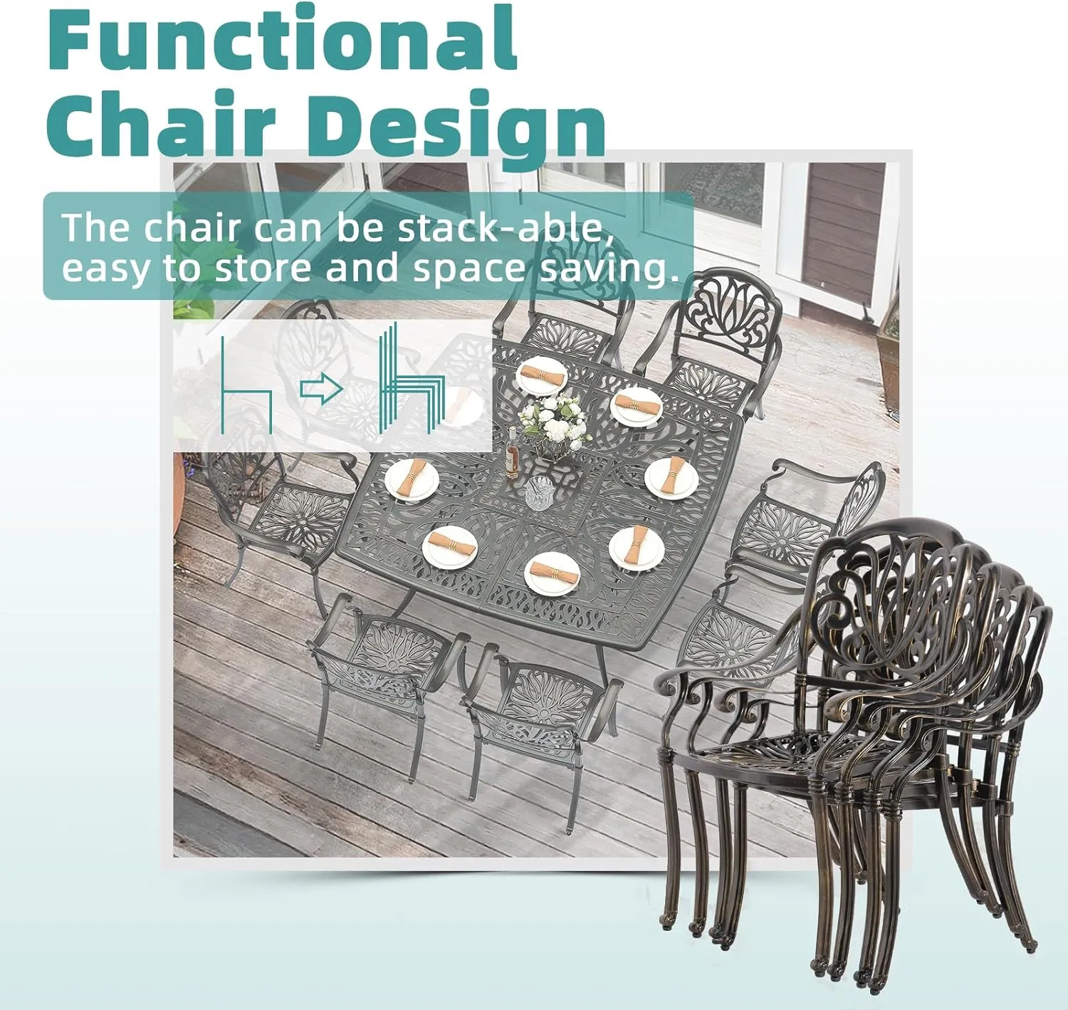 MEETWARM 9-Piece Outdoor Furniture Dining Set for 8, All Weather Cast Aluminum Patio Dining Set- Large 64" Square Table with Umbrella Hole and 8 Cushioned Chairs, Patio Table and Chairs Set, Khaki