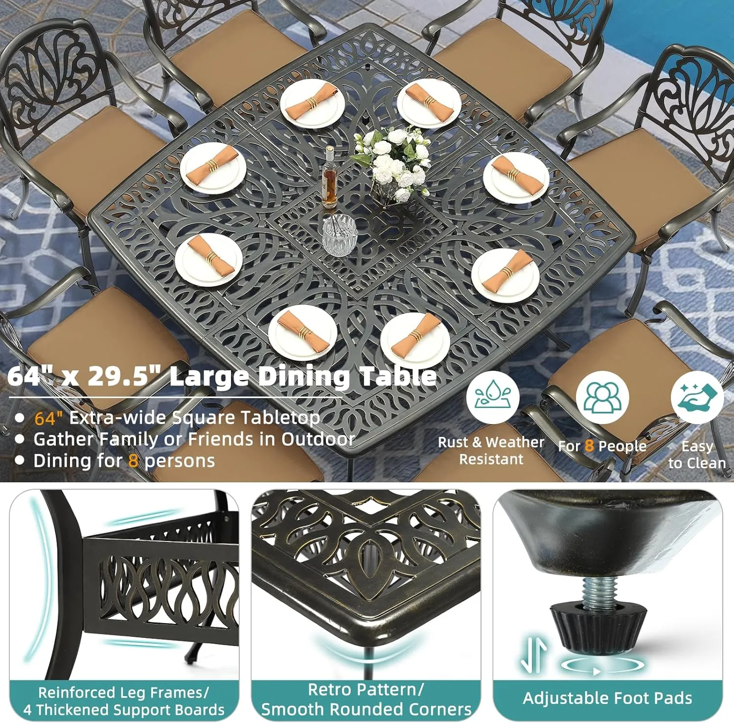 MEETWARM 9-Piece Outdoor Furniture Dining Set for 8, All Weather Cast Aluminum Patio Dining Set- Large 64" Square Table with Umbrella Hole and 8 Cushioned Chairs, Patio Table and Chairs Set, Khaki