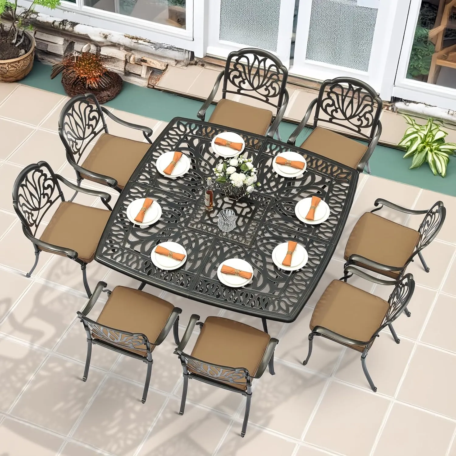 MEETWARM 9-Piece Outdoor Furniture Dining Set for 8, All Weather Cast Aluminum Patio Dining Set- Large 64" Square Table with Umbrella Hole and 8 Cushioned Chairs, Patio Table and Chairs Set, Khaki
