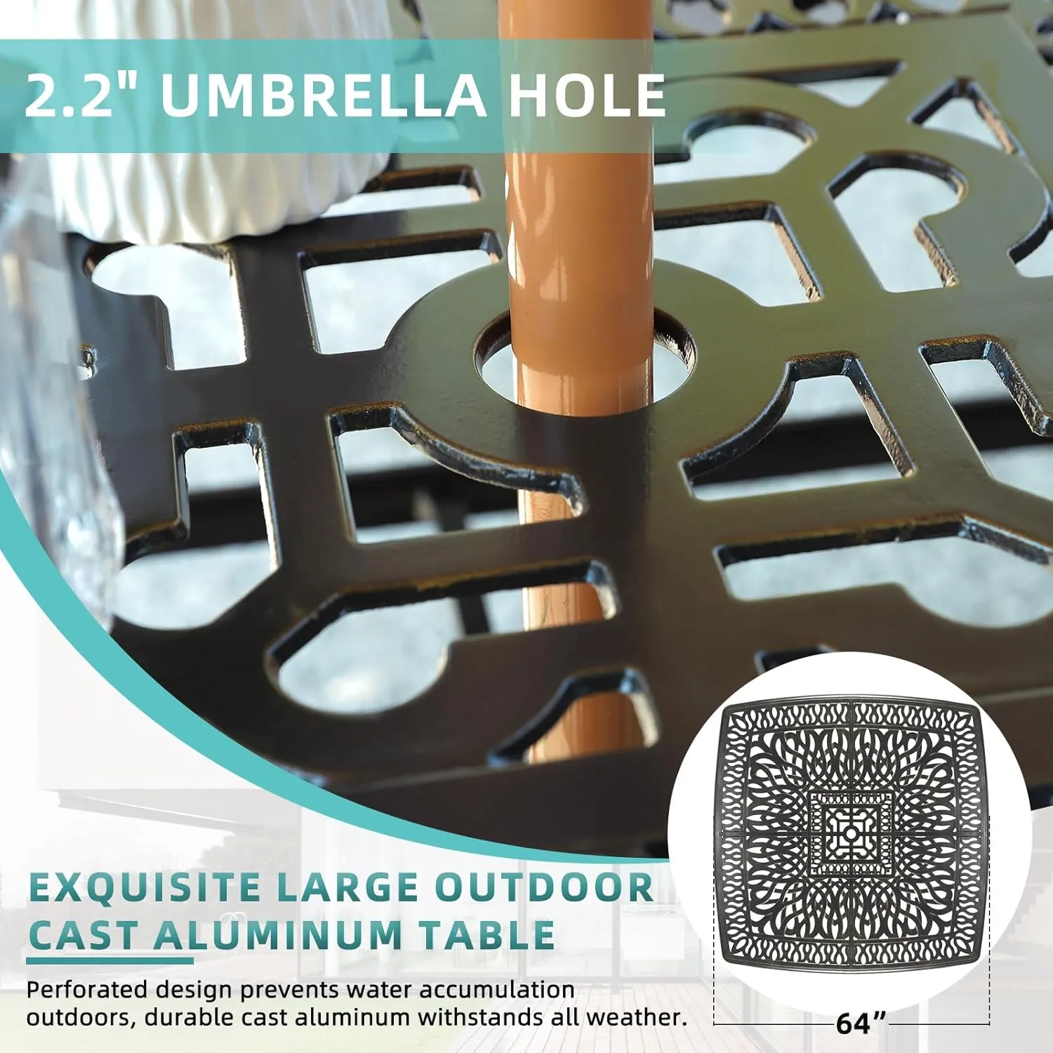 MEETWARM 9-Piece Outdoor Furniture Dining Set for 8, All Weather Cast Aluminum Patio Dining Set- Large 64" Square Table with Umbrella Hole and 8 Cushioned Chairs, Patio Table and Chairs Set, Khaki