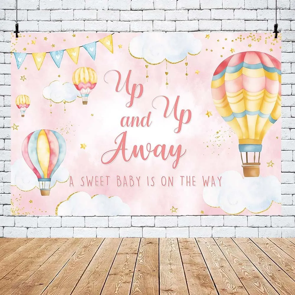 MEHOFOND 7x5ft Pink Hot Air Balloon Baby Shower Backdrop Up Up and Away Adventure Photography Background Sky Clouds Travel Begins Baby Shower Decor for Kids Newborn Birthday Party Banner Photo Props