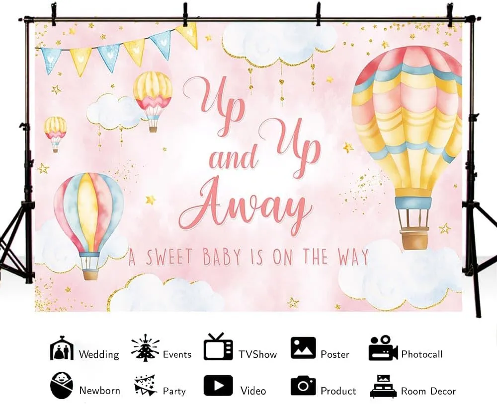 MEHOFOND 7x5ft Pink Hot Air Balloon Baby Shower Backdrop Up Up and Away Adventure Photography Background Sky Clouds Travel Begins Baby Shower Decor for Kids Newborn Birthday Party Banner Photo Props