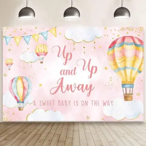 MEHOFOND 7x5ft Pink Hot Air Balloon Baby Shower Backdrop Up Up and Away Adventure Photography Background Sky Clouds Travel Begins Baby Shower Decor for Kids Newborn Birthday Party Banner Photo Props