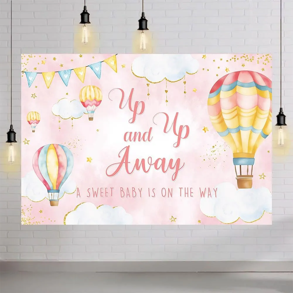 MEHOFOND 7x5ft Pink Hot Air Balloon Baby Shower Backdrop Up Up and Away Adventure Photography Background Sky Clouds Travel Begins Baby Shower Decor for Kids Newborn Birthday Party Banner Photo Props