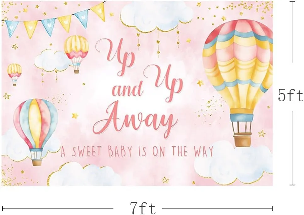 MEHOFOND 7x5ft Pink Hot Air Balloon Baby Shower Backdrop Up Up and Away Adventure Photography Background Sky Clouds Travel Begins Baby Shower Decor for Kids Newborn Birthday Party Banner Photo Props