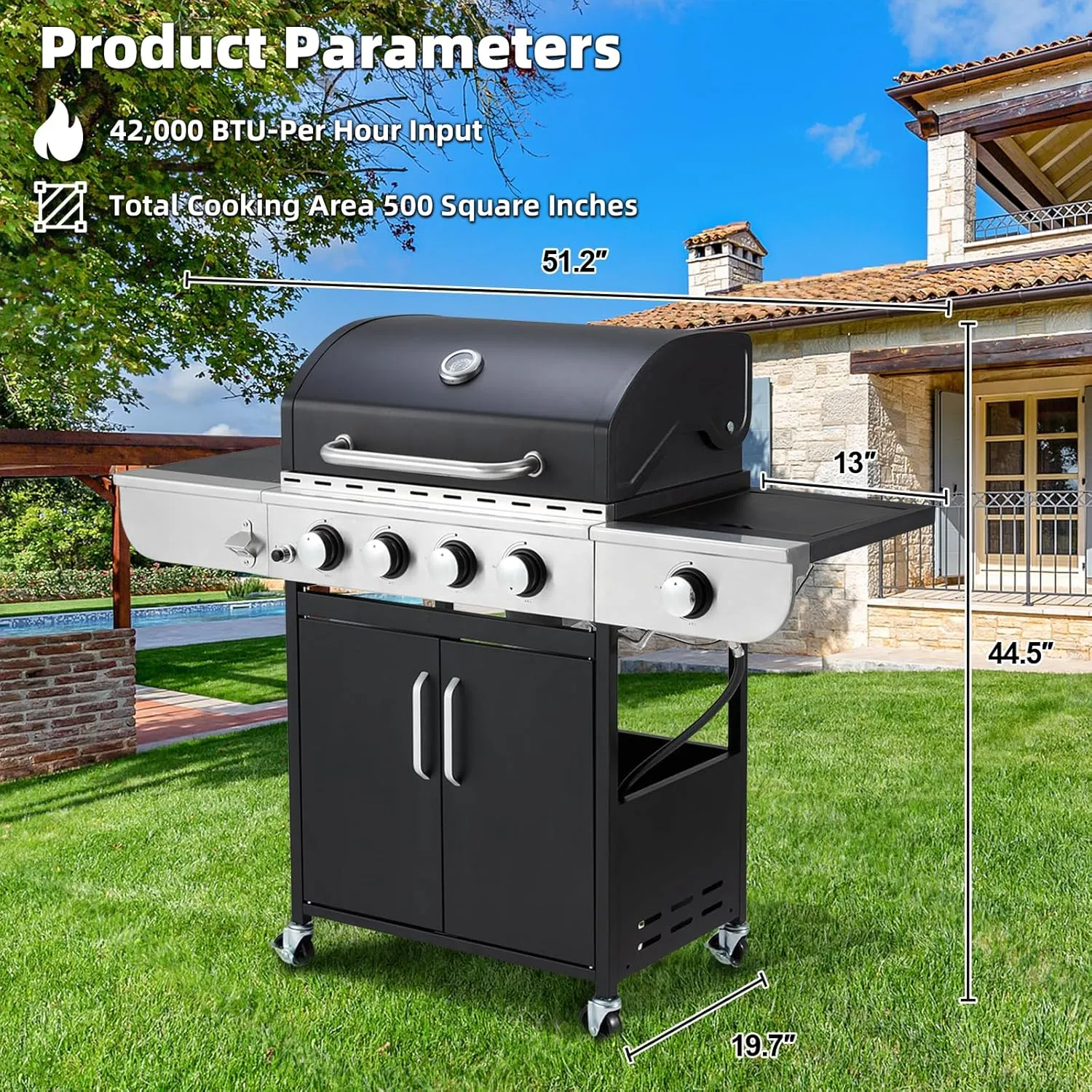 MELLCOM 4 Burner BBQ Propane Gas Grill, 42,000 BTU Stainless Steel Patio Garden Barbecue Grill with Stove and Side Table