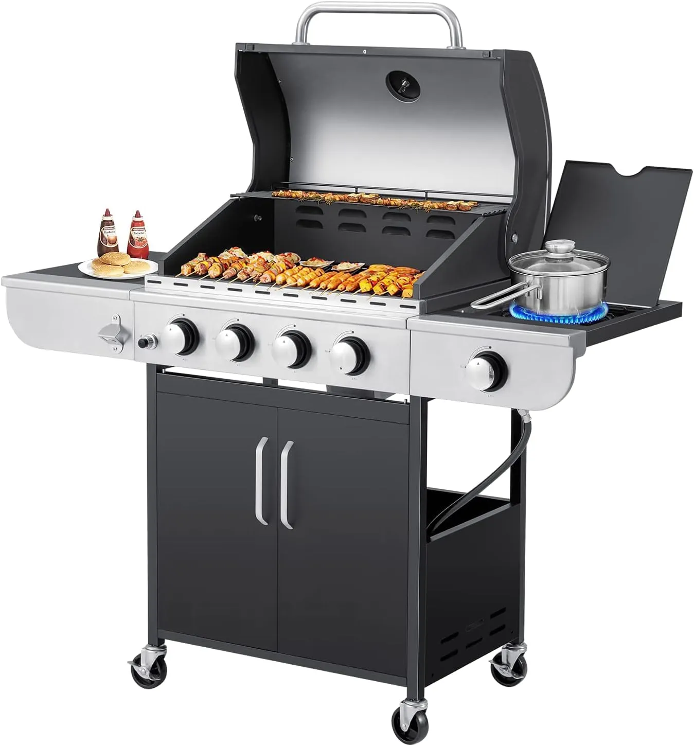 MELLCOM 4 Burner BBQ Propane Gas Grill, 42,000 BTU Stainless Steel Patio Garden Barbecue Grill with Stove and Side Table
