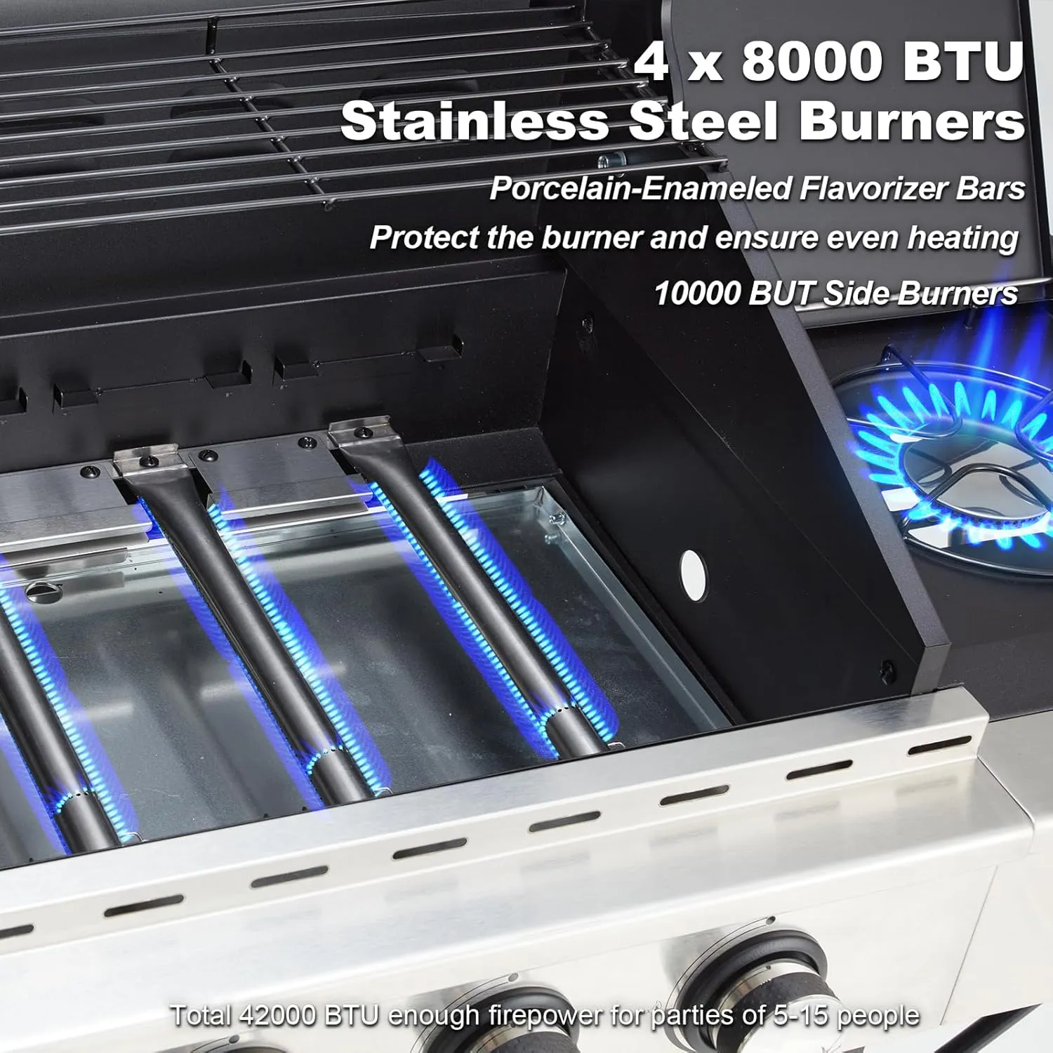 MELLCOM 4 Burner BBQ Propane Gas Grill, 42,000 BTU Stainless Steel Patio Garden Barbecue Grill with Stove and Side Table