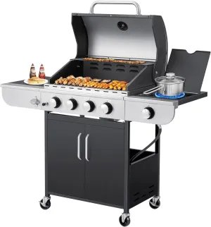 MELLCOM 4 Burner BBQ Propane Gas Grill, 42,000 BTU Stainless Steel Patio Garden Barbecue Grill with Stove and Side Table