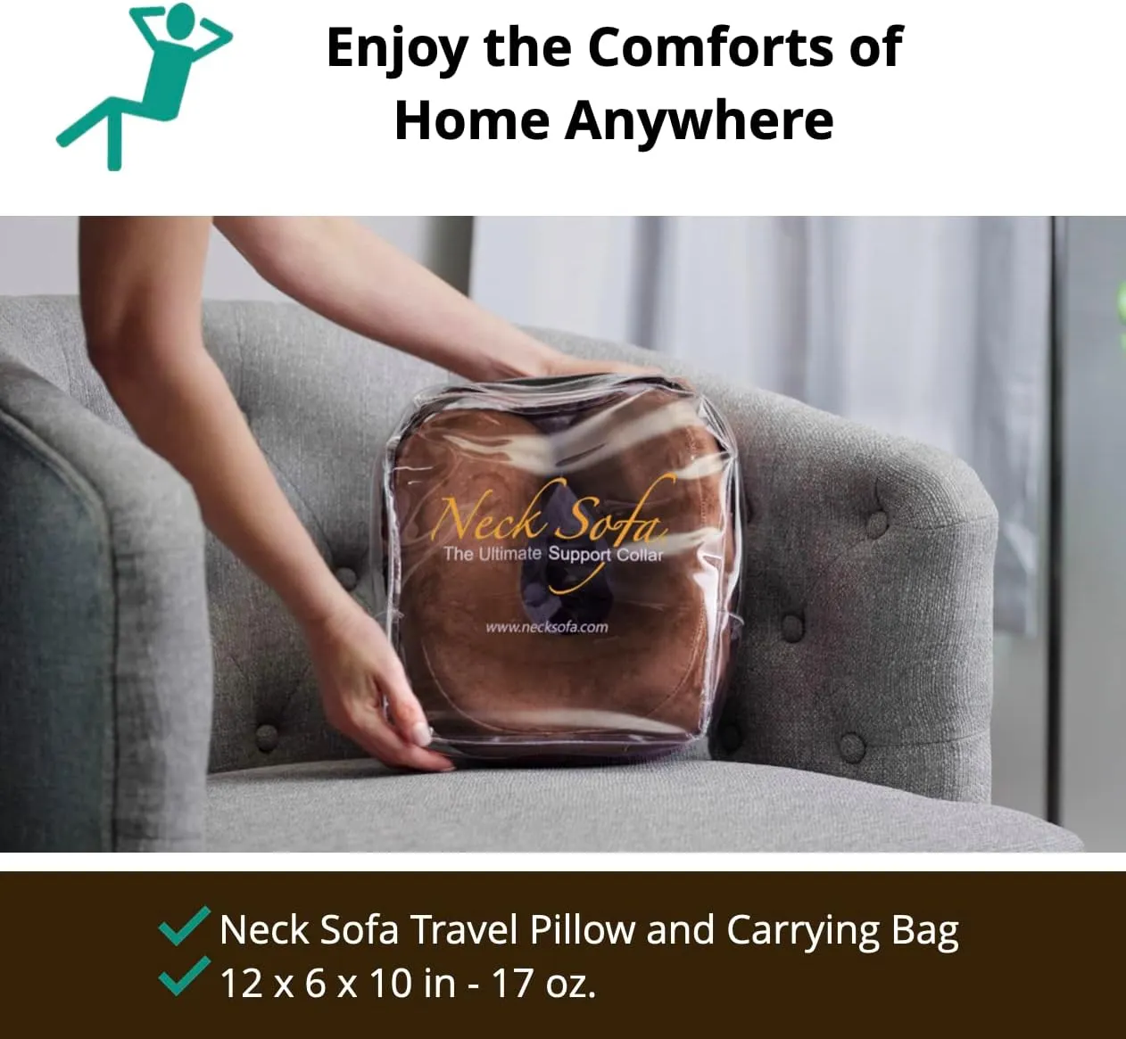 Memory Foam Neck Pillow, Cervical Support for Sleeping, Travel, Work, Stadium-Proof Clear Carry Bag Included, Brown