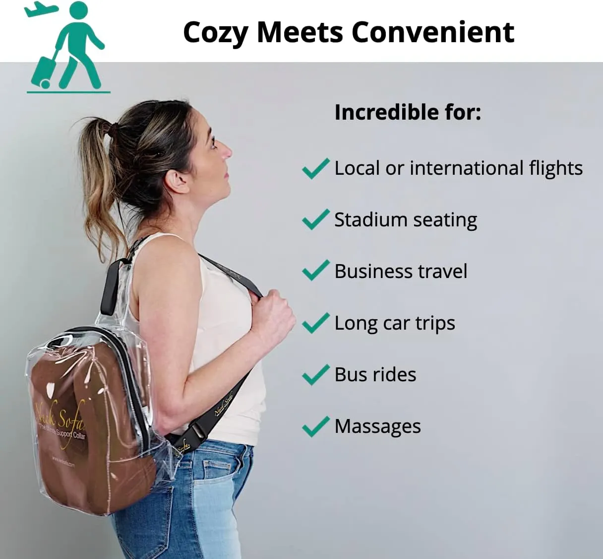 Memory Foam Neck Pillow, Cervical Support for Sleeping, Travel, Work, Stadium-Proof Clear Carry Bag Included, Brown