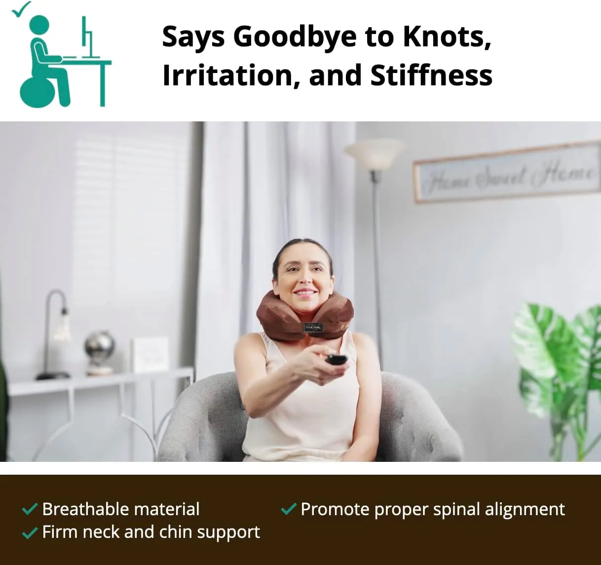 Memory Foam Neck Pillow, Cervical Support for Sleeping, Travel, Work, Stadium-Proof Clear Carry Bag Included, Brown