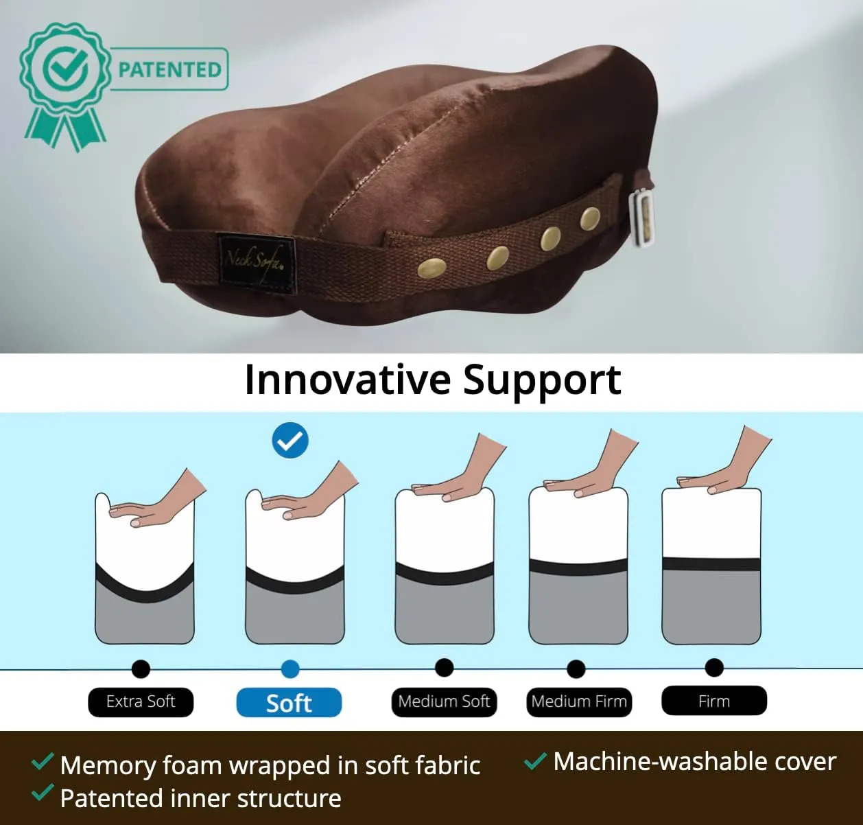Memory Foam Neck Pillow, Cervical Support for Sleeping, Travel, Work, Stadium-Proof Clear Carry Bag Included, Brown