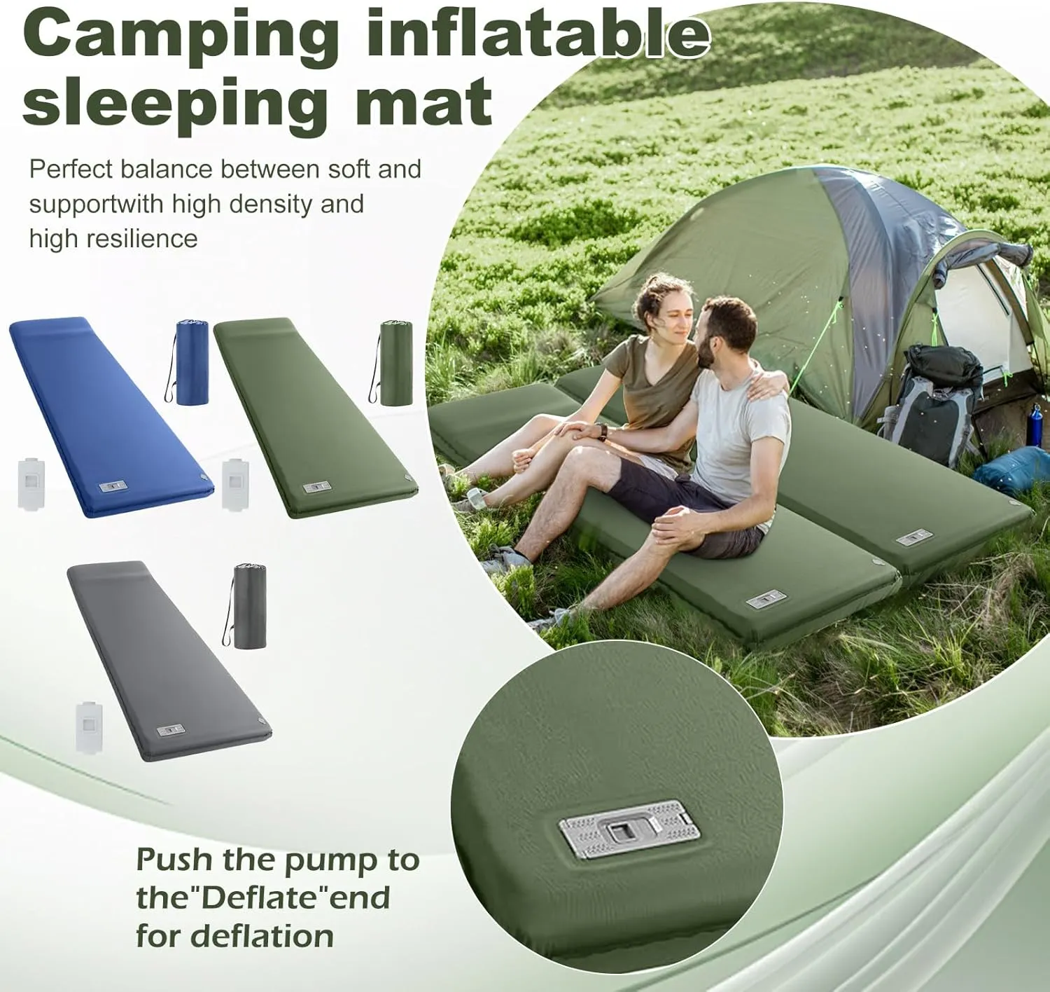 Memory Foam Sleeping Pad, 3.1 Inch Extra Thick Camping Sleeping Pad, Easy to Inflate and Deflate, 9.5 R-Value Insulated Camping Mattress with Pillow for Car (Army Green)