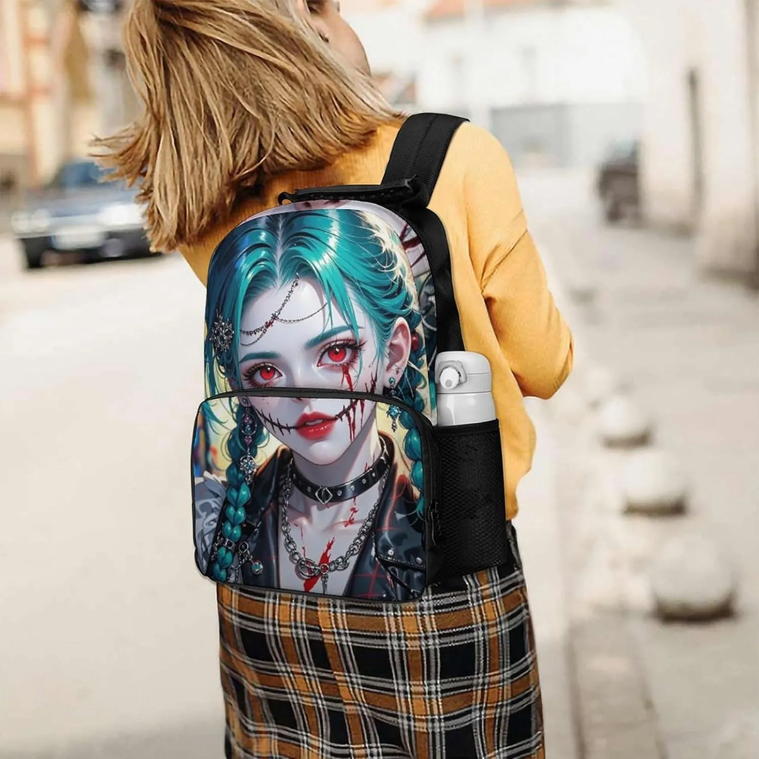 Men Women Polyester Beautiful Gothic Woman Neon Art Daypack Big Capacity Shoulder Bag With Adjustable Shoulder Straps for Camping Travel Walking Cycling