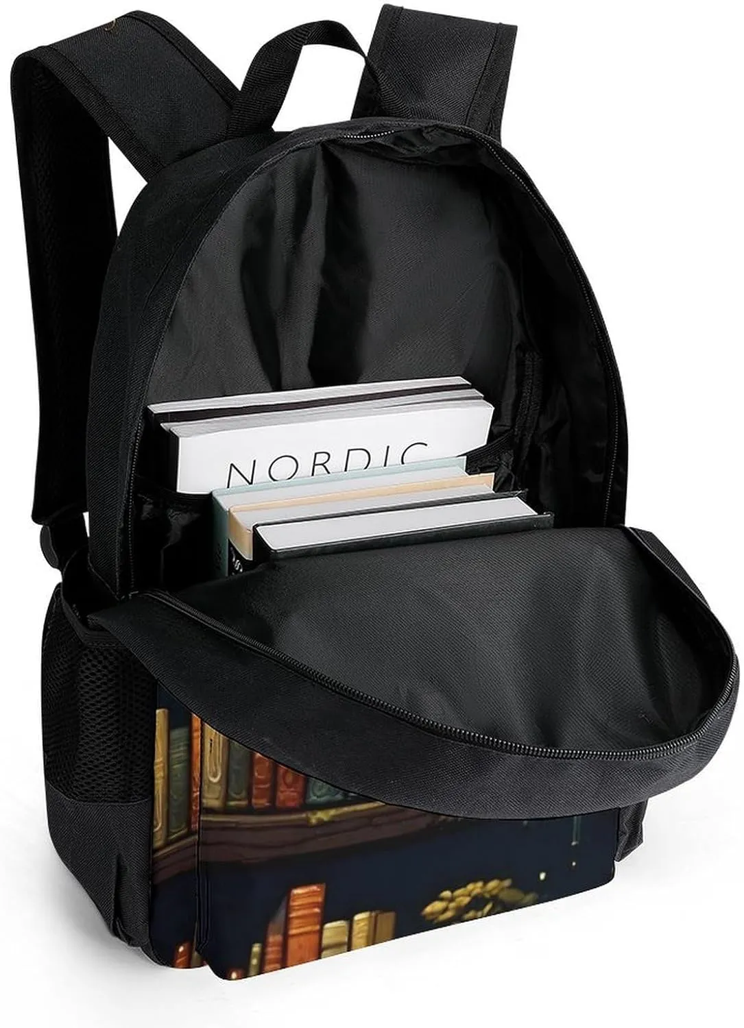 Men Women Polyester Magic Bookshelf Vintage Style Book Art Daypack Big Capacity Shoulder Bag With Adjustable Shoulder Straps for Camping Travel Walking Cycling