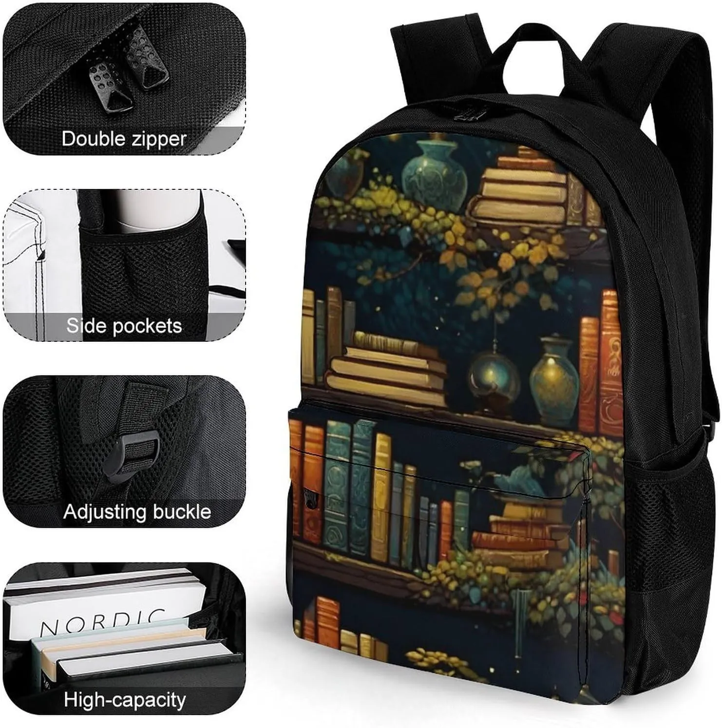 Men Women Polyester Magic Bookshelf Vintage Style Book Art Daypack Big Capacity Shoulder Bag With Adjustable Shoulder Straps for Camping Travel Walking Cycling