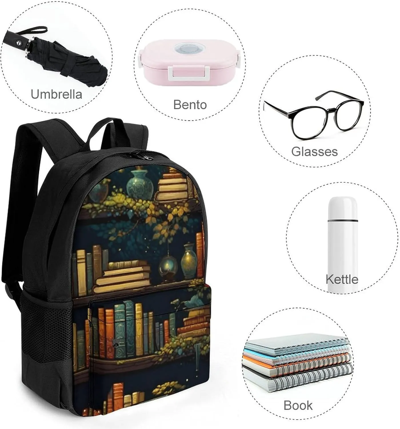 Men Women Polyester Magic Bookshelf Vintage Style Book Art Daypack Big Capacity Shoulder Bag With Adjustable Shoulder Straps for Camping Travel Walking Cycling