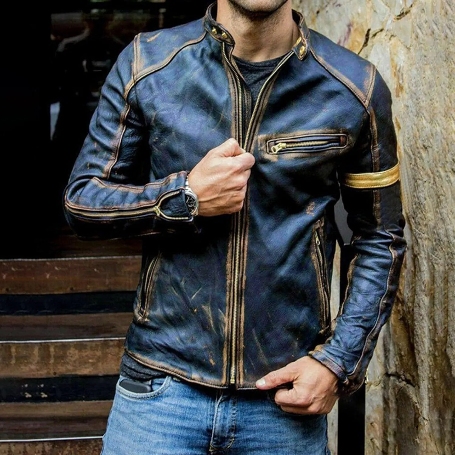 Mens Vintage Cafe Racer Distressed Biker Leather Jacket | Motorcycle Leather Jacket for Men