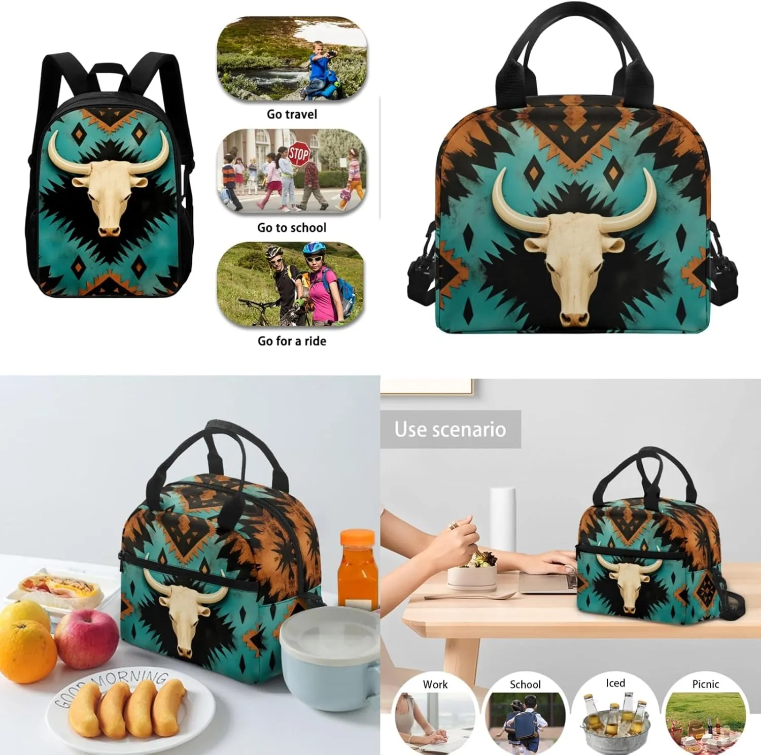 Merkmak Aztec Western Kids Backpack 3-Piece Set for Age 5-9 Kids Sheepshead Bookbag for 1St 2Nd 3Rd Children School Bag with Lunch Box Water Bottle for Back to School