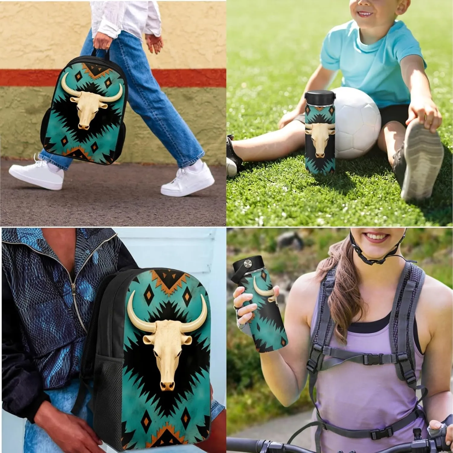 Merkmak Aztec Western Kids Backpack 3-Piece Set for Age 5-9 Kids Sheepshead Bookbag for 1St 2Nd 3Rd Children School Bag with Lunch Box Water Bottle for Back to School