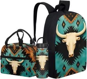 Merkmak Aztec Western Kids Backpack 3-Piece Set for Age 5-9 Kids Sheepshead Bookbag for 1St 2Nd 3Rd Children School Bag with Lunch Box Water Bottle for Back to School