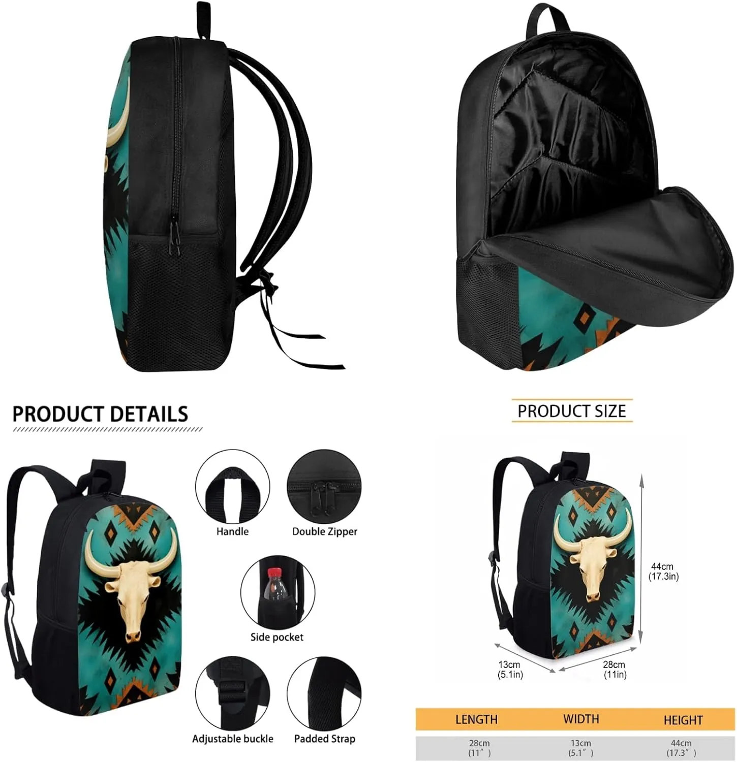 Merkmak Aztec Western Kids Backpack 3-Piece Set for Age 5-9 Kids Sheepshead Bookbag for 1St 2Nd 3Rd Children School Bag with Lunch Box Water Bottle for Back to School