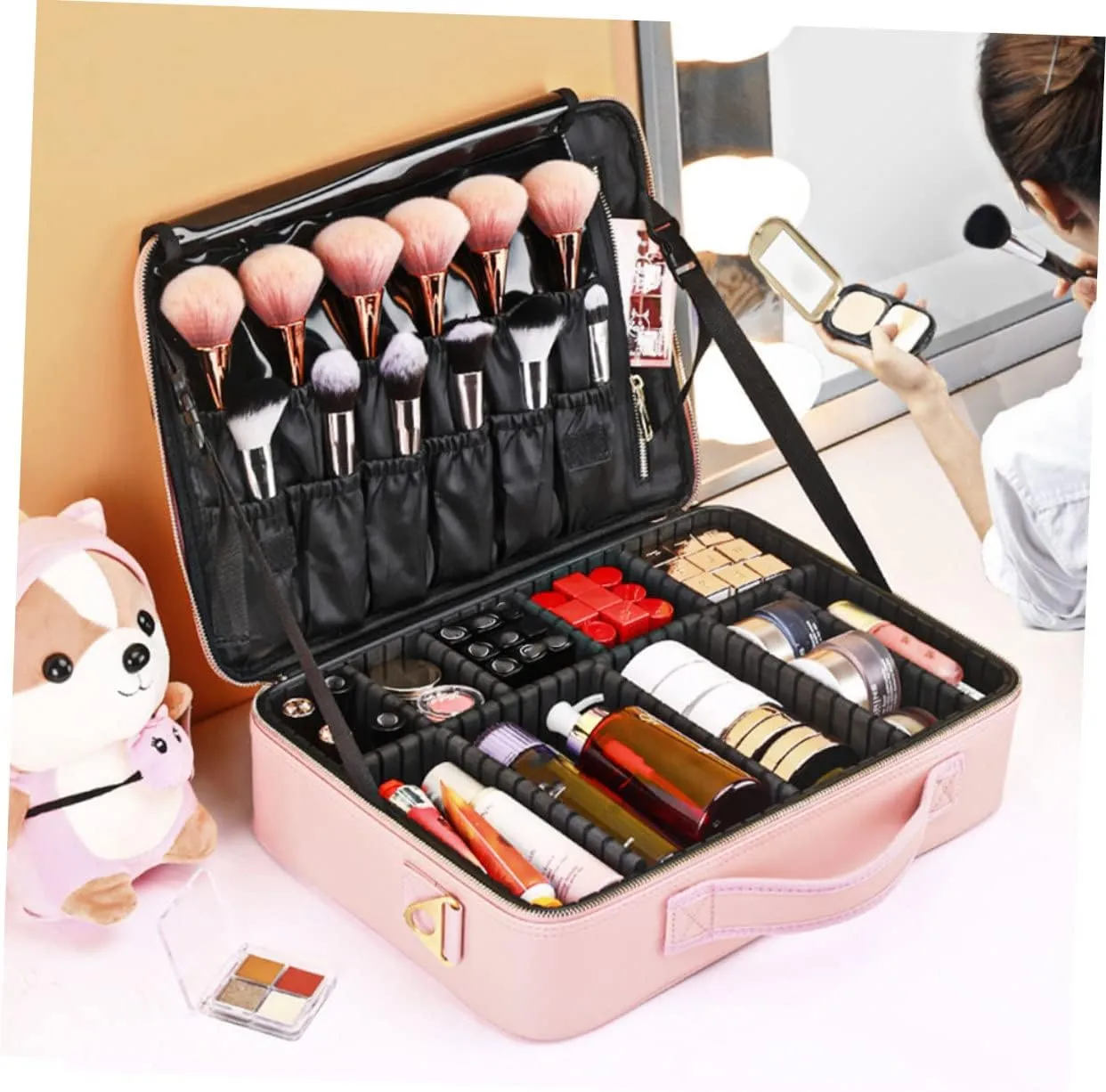 MERRYHAPY Large Capacity Makeup Bag with Adjustable Compartments for Travel Portable Cosmetics Organizer for Artists and Enthusiasts Lightweight and Shockproof Design