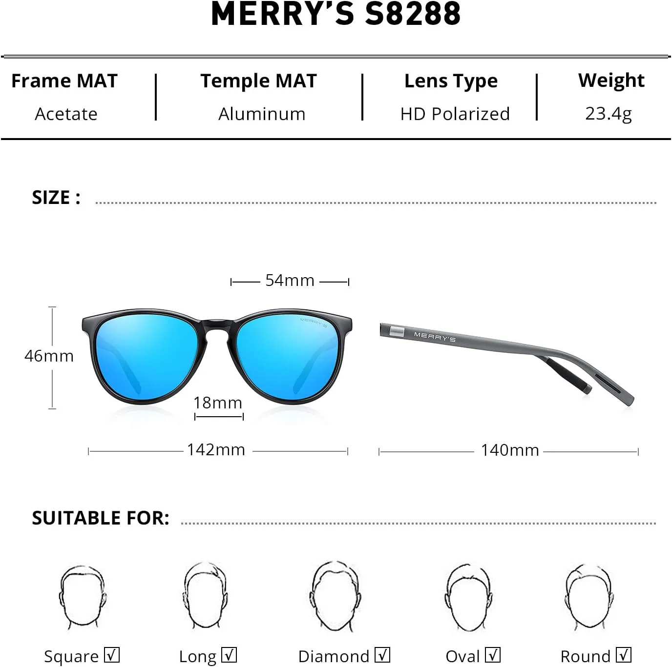 MERRY'S Polarized Sunglasses for Women Men Vintage Retro Classic Round Frame Aluminum Legs S8288