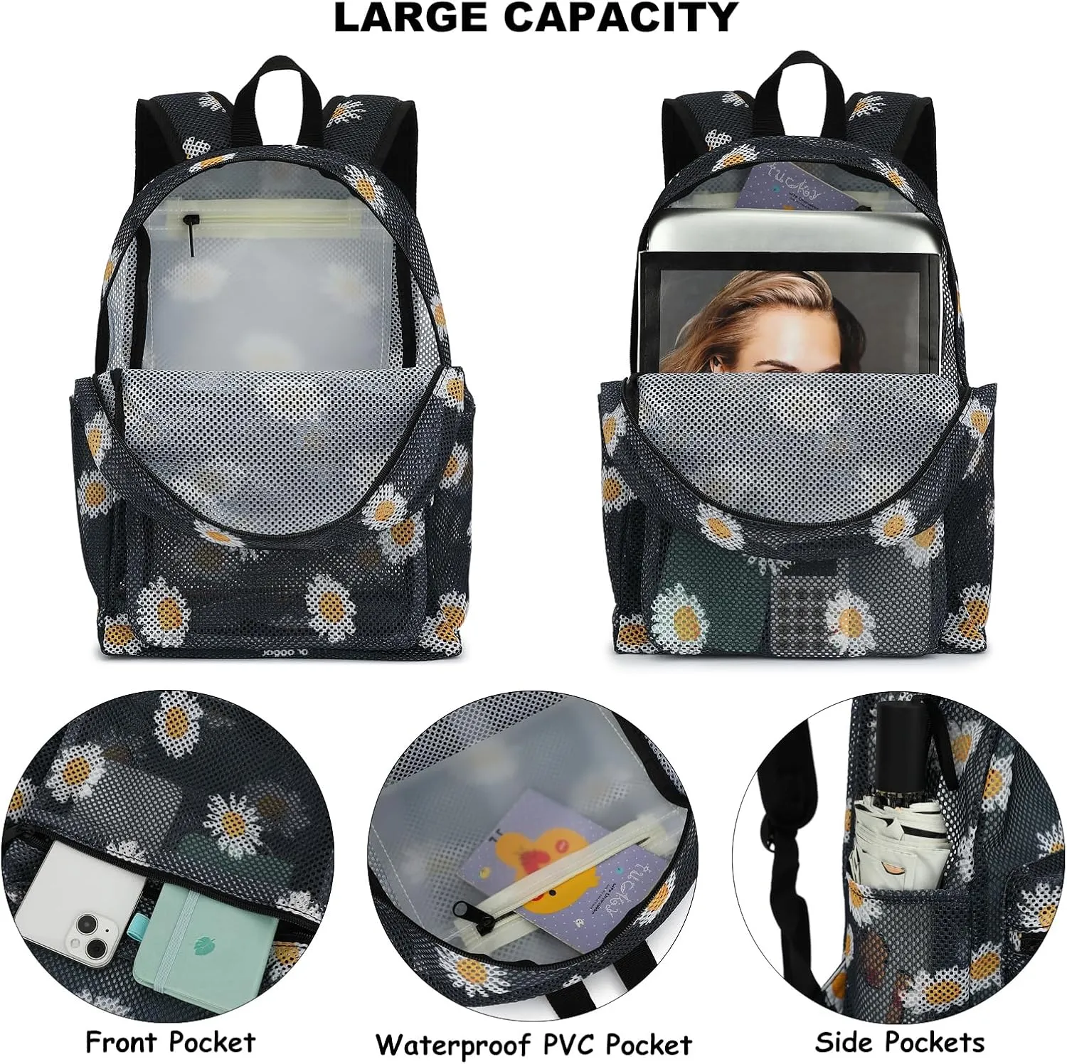 Mesh School Backpack for Girls Women, Heavy Duty See Through College Bookbag School Bag with Storage Bag (Daisy Black)