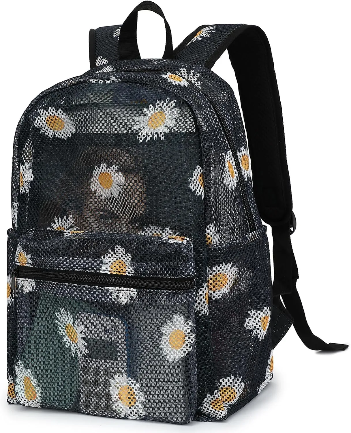 Mesh School Backpack for Girls Women, Heavy Duty See Through College Bookbag School Bag with Storage Bag (Daisy Black)