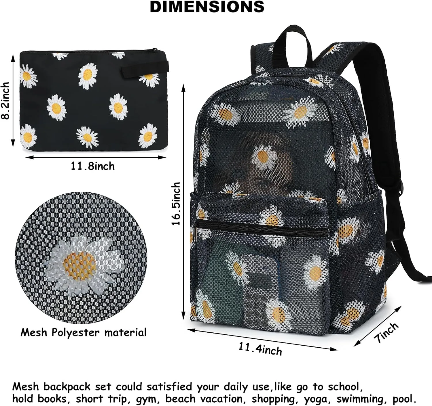 Mesh School Backpack for Girls Women, Heavy Duty See Through College Bookbag School Bag with Storage Bag (Daisy Black)