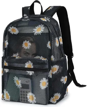 Mesh School Backpack for Girls Women, Heavy Duty See Through College Bookbag School Bag with Storage Bag (Daisy Black)