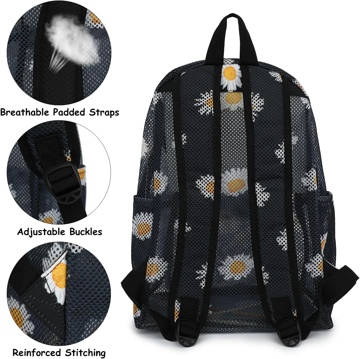 Mesh School Backpack for Girls Women, Heavy Duty See Through College Bookbag School Bag with Storage Bag (Daisy Black)