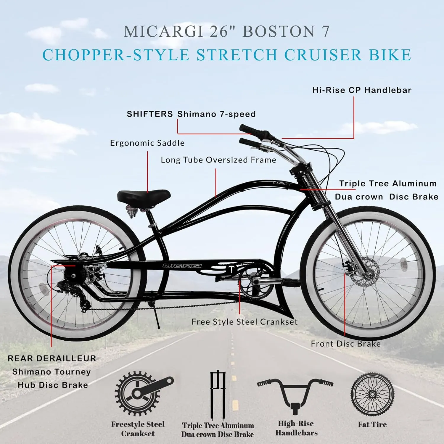 MICARGI 26" 7/GT7/3I DS Speed Bicycles Boston Chopper-Style Stretch Cruiser Bikes, Hi-Ten Steel Frame for Adult Women Men,Multiple Colors