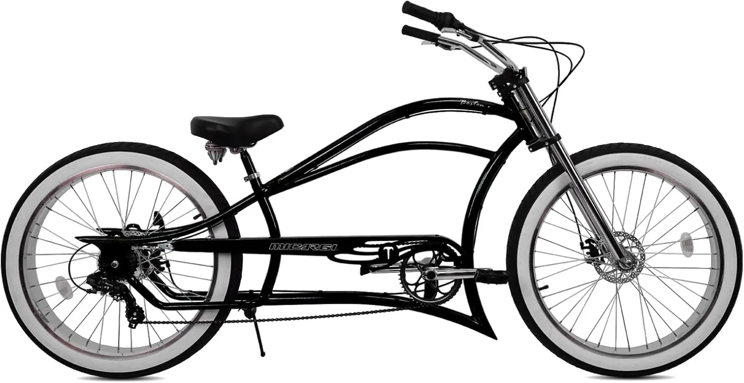 MICARGI 26" 7/GT7/3I DS Speed Bicycles Boston Chopper-Style Stretch Cruiser Bikes, Hi-Ten Steel Frame for Adult Women Men,Multiple Colors