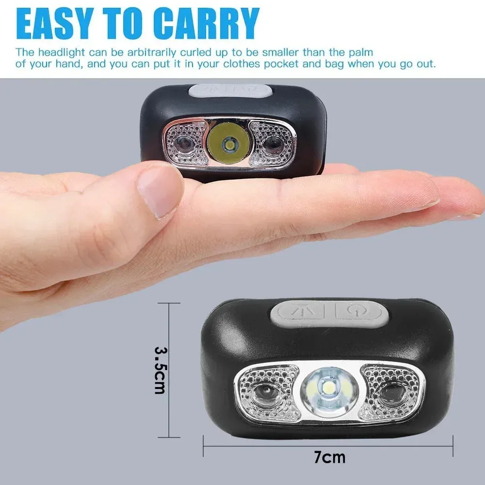 Mini LED Induction Headlamp, 350 Lumens, 5W USB Rechargeable, ABS Construction, 3 Gears   SOS, Waterproof for Camping and Fishing