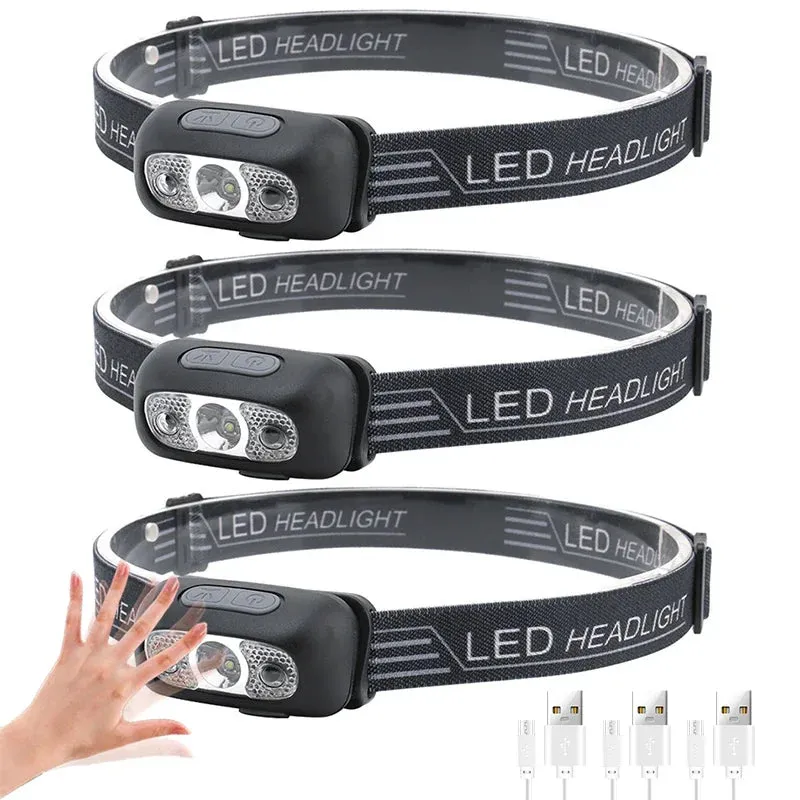 Mini LED Induction Headlamp, 350 Lumens, 5W USB Rechargeable, ABS Construction, 3 Gears   SOS, Waterproof for Camping and Fishing