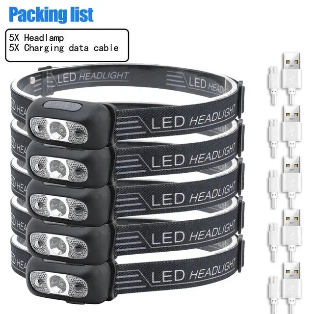 Mini LED Induction Headlamp, 350 Lumens, 5W USB Rechargeable, ABS Construction, 3 Gears   SOS, Waterproof for Camping and Fishing