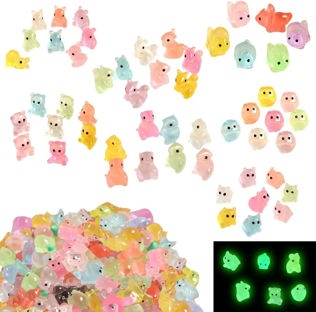 Mini Resin Animals Variety Pack 200 Pcs Luminous Tiny Animals Bulk Glow in The Dark Fairy Garden Miniatures with Tiny Ducks to Hide Around The Home