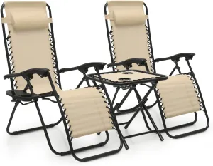 MoNiBloom 3 Pieces Cozy Lounge Chairs Table Set for Outside, Adjustable Folding Zero Gravity Recliners for Patio Beach Pool Yard Camping, 330lbs Capacity - Cream