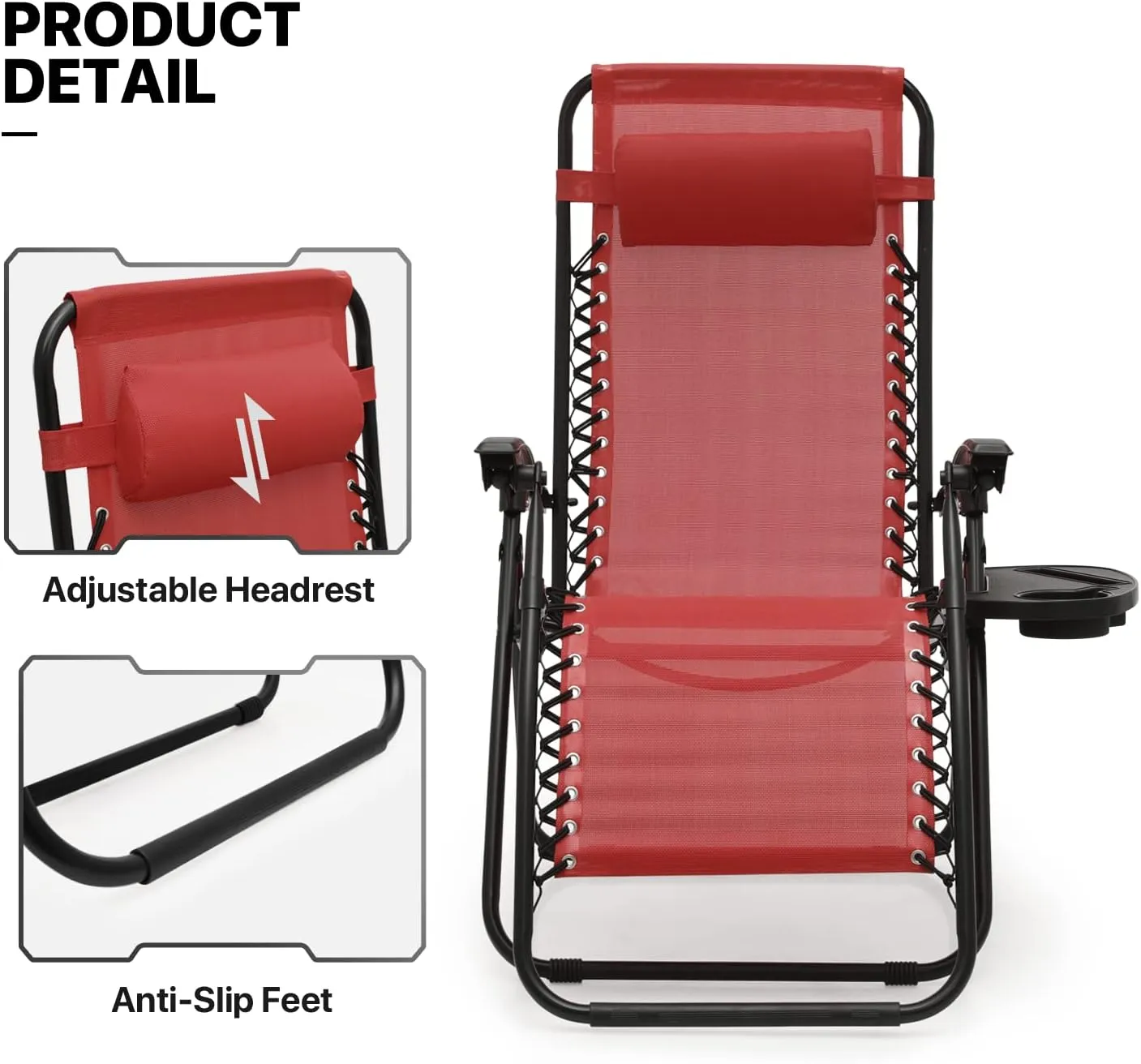 MoNiBloom 3PCS Leisure Chairs Table Set Outdoor Furniture Zero Gravity Chairs Recliner Adjustable Folding Lounger for Pool Patio Camping Yard Beach Vacation, 330lbs Capacity, Maroon