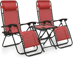 MoNiBloom 3PCS Leisure Chairs Table Set Outdoor Furniture Zero Gravity Chairs Recliner Adjustable Folding Lounger for Pool Patio Camping Yard Beach Vacation, 330lbs Capacity, Maroon
